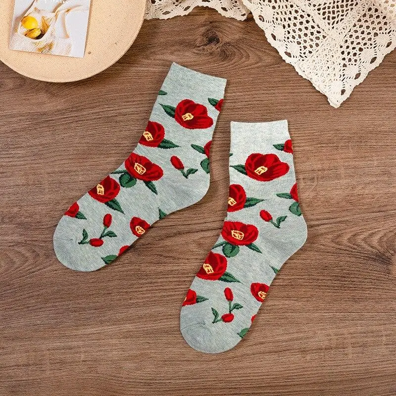 

Korea Harajuku Retro Flower Tube Socks Pastoral Ladies Printed Cotton Soft Socks Literary Peony Sunflower Socks