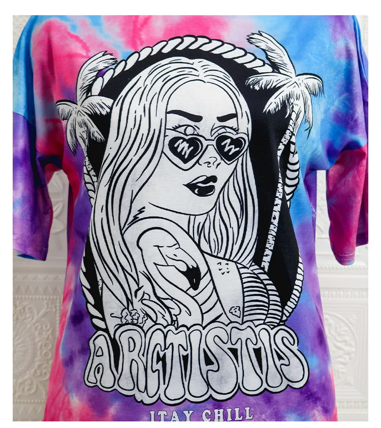 

Tie-dye Skull Print T-shirt Ladies Summer Cute Cartoon Letters Short-sleeved O-neck Graphic Oversized Casual Loose T-shirt Top