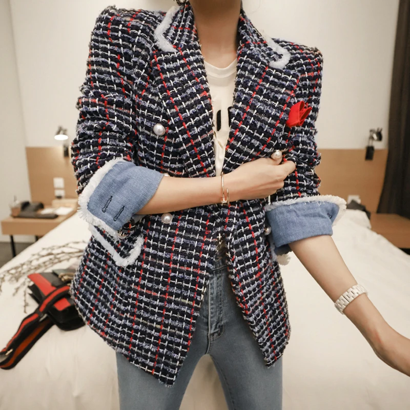 

JSXDHK 2020 Autumn Winter Vintage Turn Down Collar Outerwear Elegant Runway Women Tweed Tassel Plaid Double-breasted Jacket Coat
