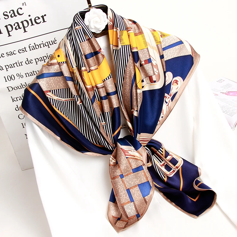 

100% натуральный шелк квадратный шейный платок дамские Цветочный принт бандана из чистой шерсти Шелковый платок Элитный бренд платок для хид...