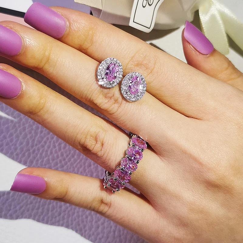 

2pcs Pack 925 Sterling Silver Jewelry Set Halo Engagement Ring Round Stud Earring For Wedding Gift J6027