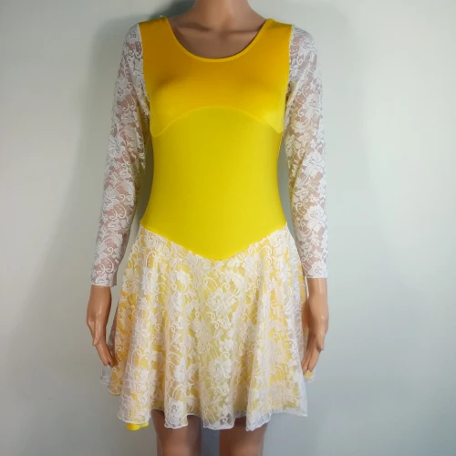 Yellow Белое Кружевное бархатное платье с длинными рукавами из нейлона/лайкры для девочек с кружевной юбкой Костюмы для выступлений - Цвет: Yellow
