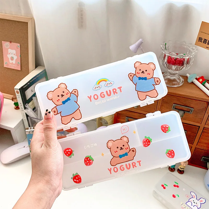 

New Kawaii Large Transparent Double Layers Pencil Box Cute Cherry Bear Penholder Pencil case Storage Pouch School Stationery