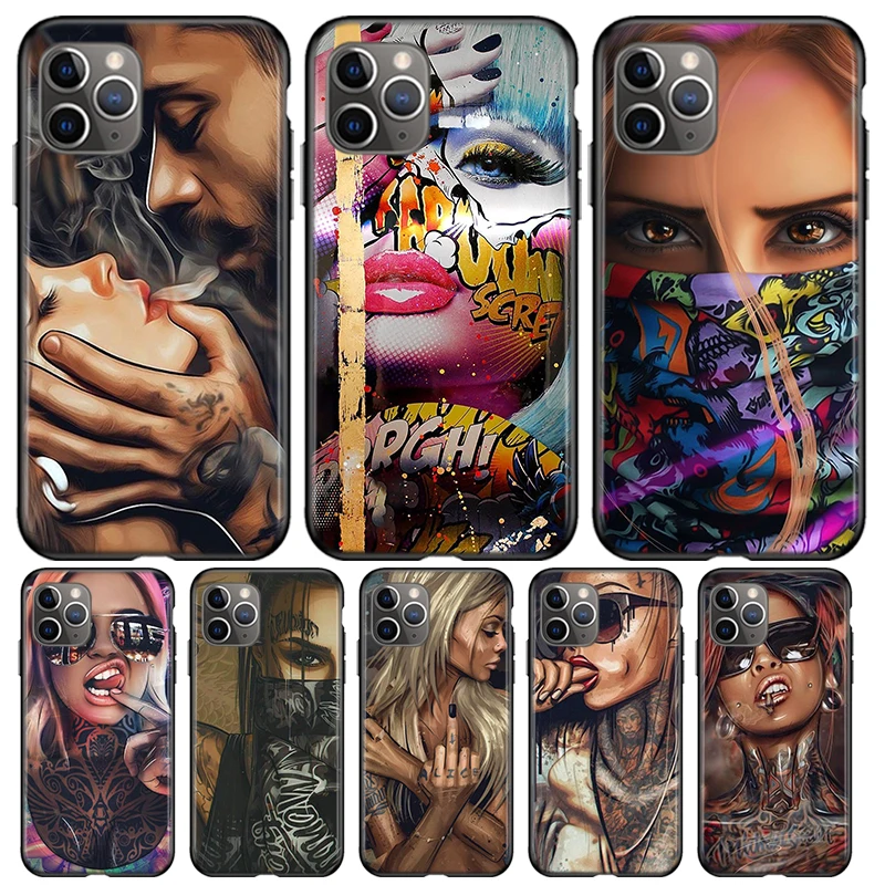 

Sexy Sleeve Tattoo Girl For Apple iPhone 12 11 Pro Max mini XS Max XR X 8 7 6 6S Plus 5S SE 2020 Soft Black Phone Case