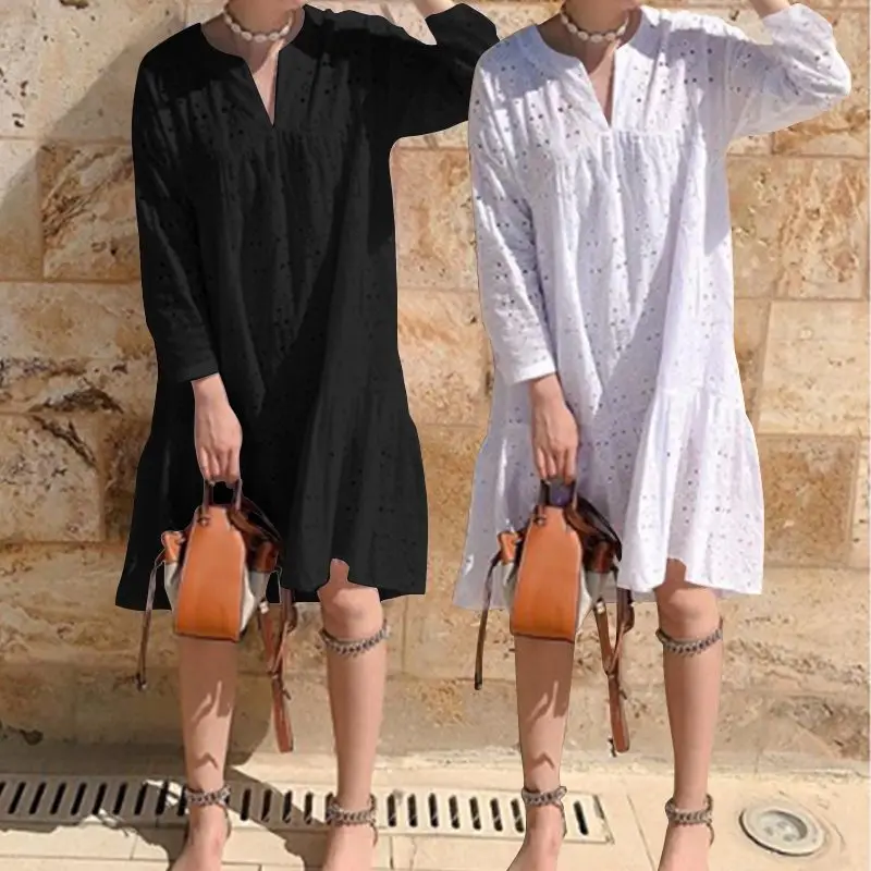 Celmia Elegant Cotton Embroidery Women's Dress Ruffled Korean White Dress New Sexy V-neck Hollow Party Vesridos Plus Size