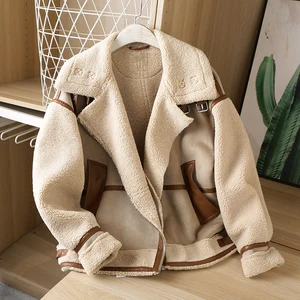 ZAAHONEW Winter Women Thick Warm Vintage Patchwork Suede Lambswool Biker Jackets Coat Chic Loose Fau in India