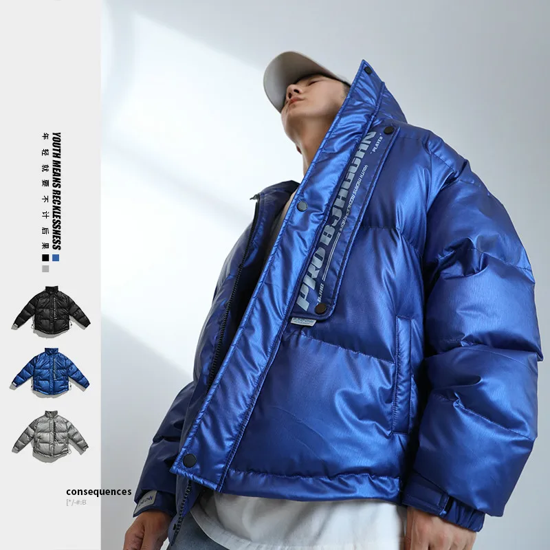 

Зимняя новая блестящая технология, хлопковая куртка для мужчин, модный бренд, уличная мода, свободная куртка с асимметричным подолом и букв...