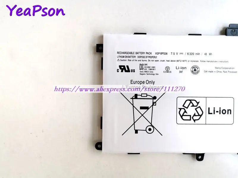 Аккумулятор Yeapson VGP-BPS36 7 5 в 6320 мАч для ноутбука Sony Vaio Duo 13 Convertible Touch 3 дюйма SVD1321BPXB