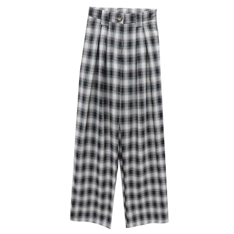 

GOOHOJIO 2020 New Casual Wide Leg Pants Women Trousers Vintage Plaid Elastic Waist Pants Women Oversized High Waist Pant Women