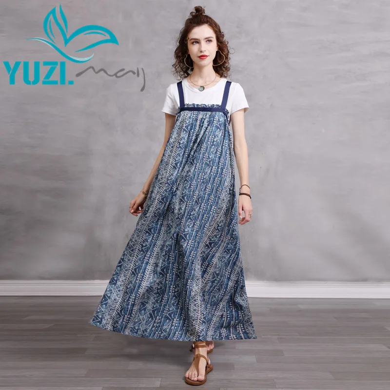 Summer Dress For Women 2021 Yuzi.may Boho New Cotton Linen Woman Dresses Floral Print Loose Patchwork Slip Vestidos A82338