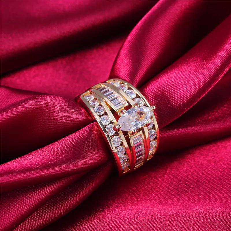 

Luxury Female Geometric Zircon Stone Ring Set Vintage 18KT Yellow Gold Wedding Ring Promise Love Engagement Rings For Women