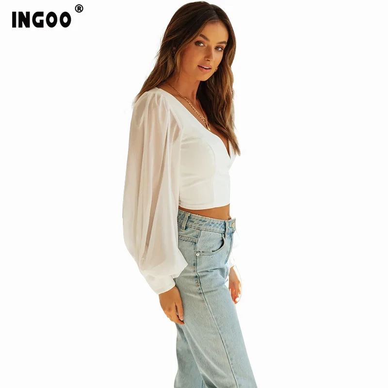 

INGOO Sexy White Chiffon Women Crop Top Spring Mesh Long Lantern Sleeve T-shirt Elegant Blackless V Neck Slim Lady Bandage Tops