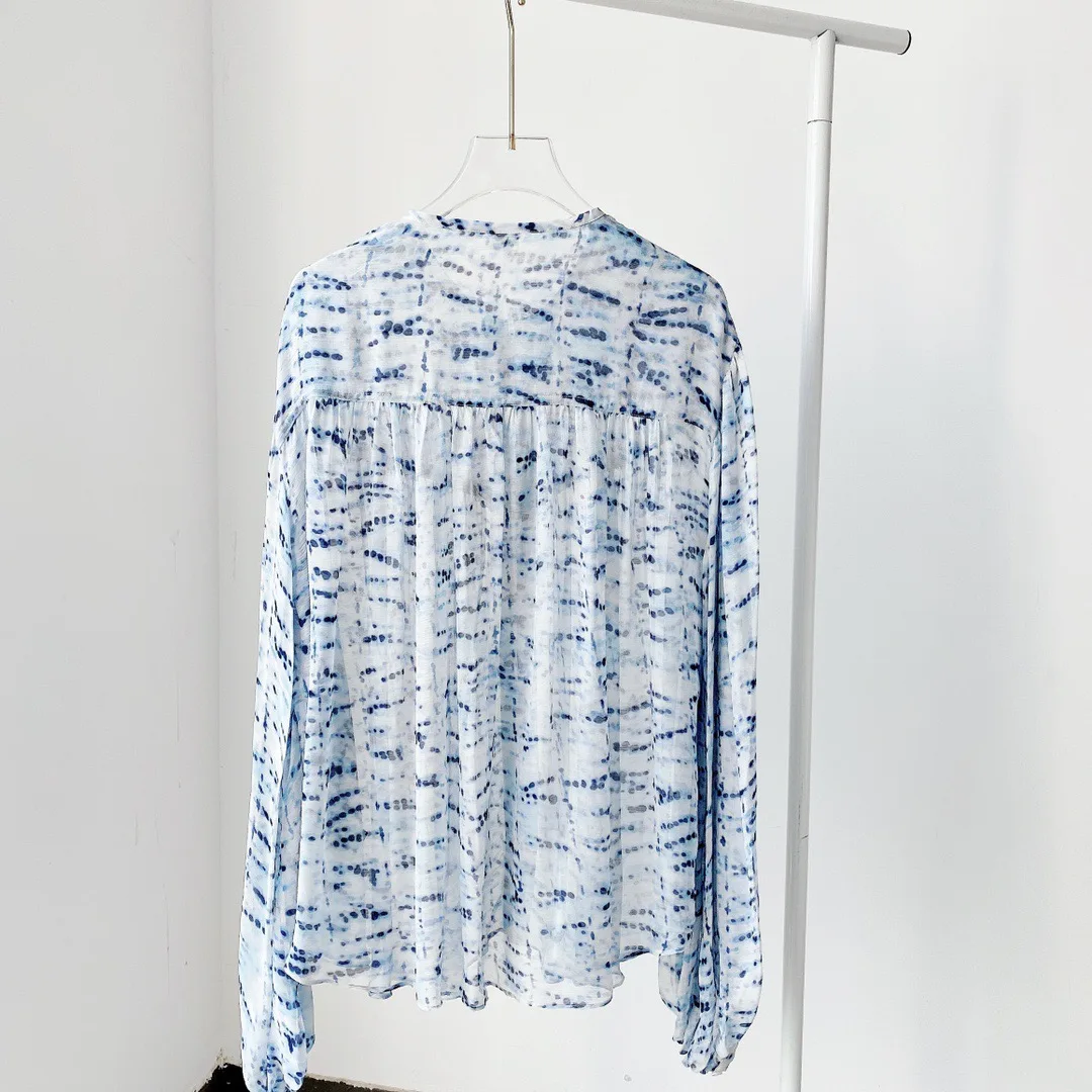 

Women's Blouses and Shirts Tie Dye 100% Viscose Single Breasted Long Lantern Sleeve O-neck Casual Top