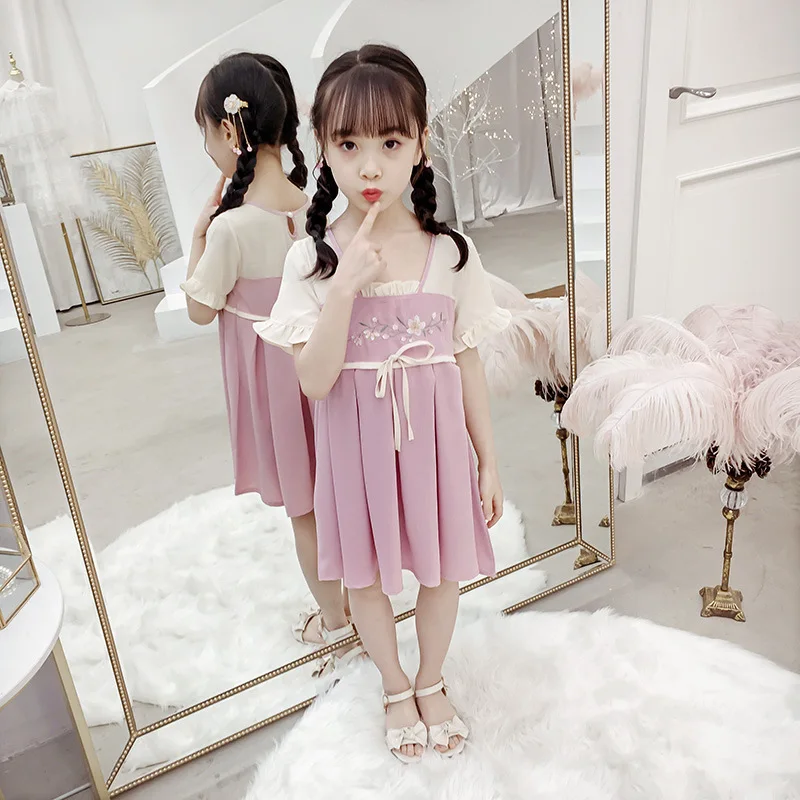 Hanfu/платье принцессы с короткими рукавами и вышитыми цветами для девочек Детская