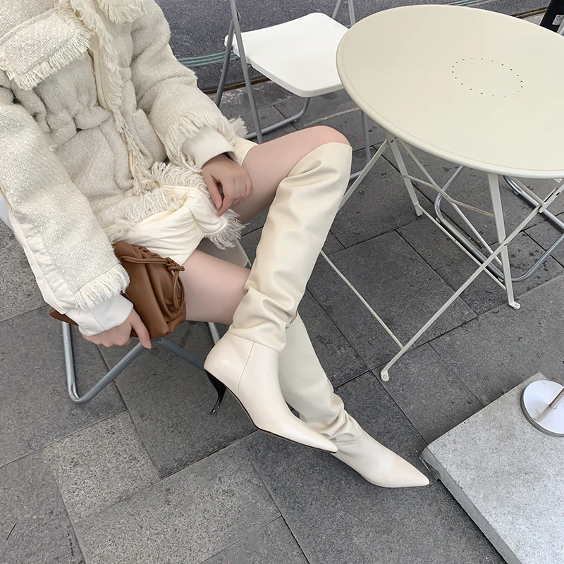 

2020 Size 33-43 Genuine Leather Women Boots Stiletto Heels Pointed Toe Ladies Shoes Winter Solid Color Knee High Boots