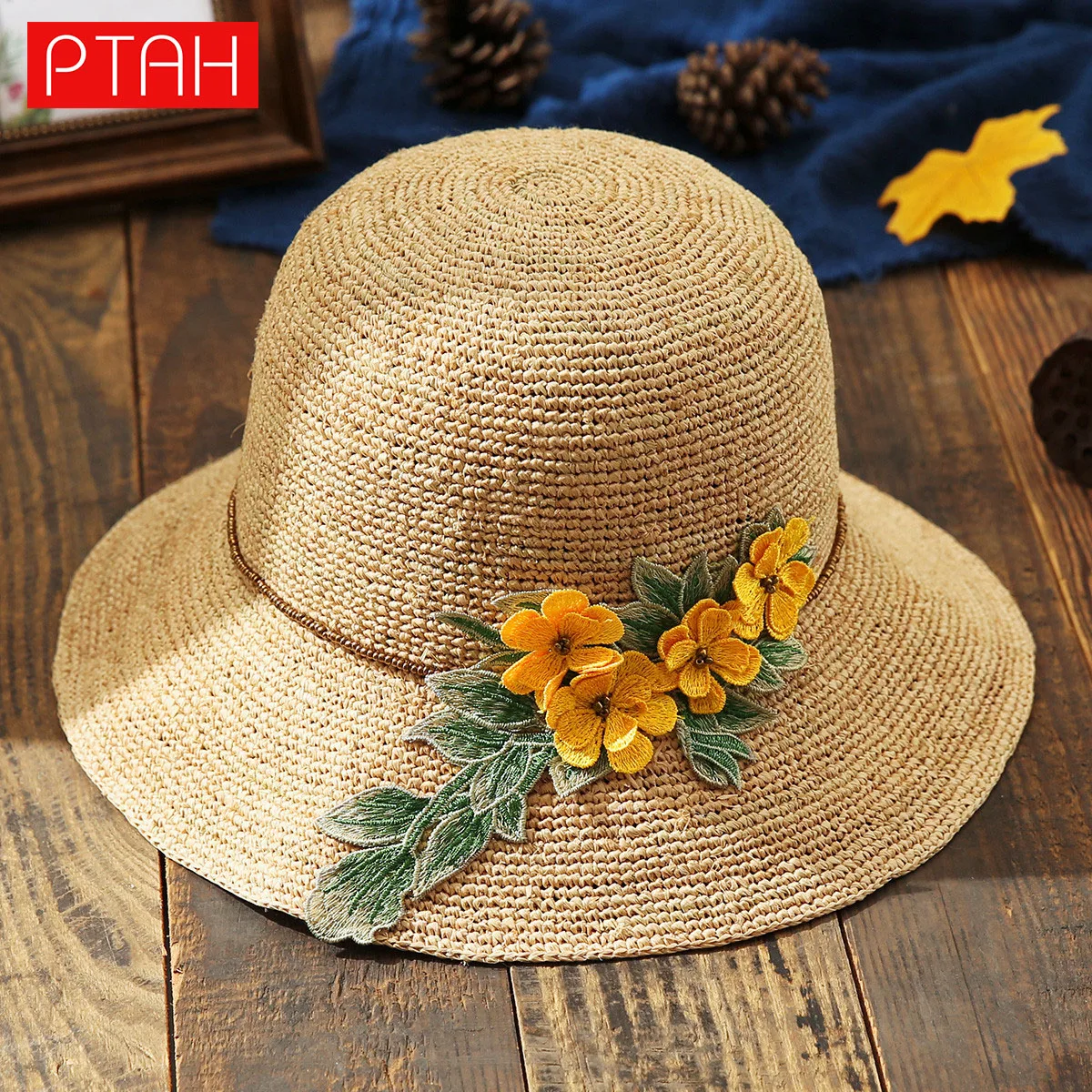 

[PTAH] Summer Raffia Hat Women Yellow Flower Beach Straw Hat Breathable Sun Protection Cap Female Sun Hat Wide Wave Brim Folded
