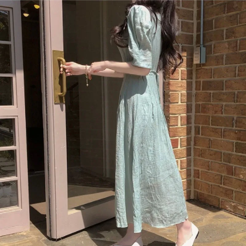 2021 elegante cuello en V diseño plisado sentido Vintage manga Puff de chifón de vestidos de una pieza de moda coreana vestido de mujer de verano