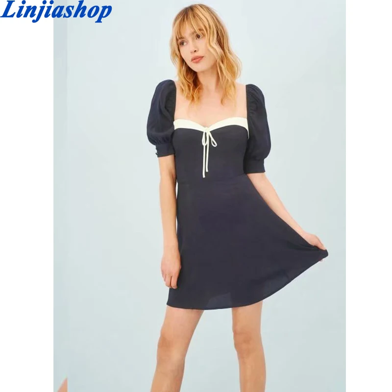 Милое Бандажное платье в стиле пэчворк винтажное шифоновое темно-синего и белого