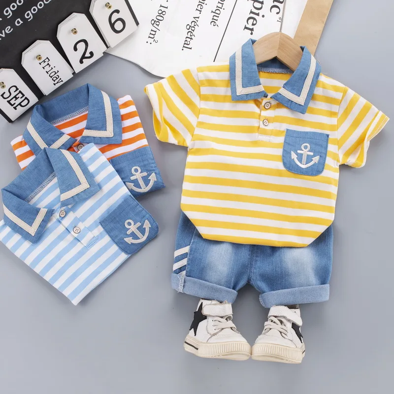 

Летняя одежда для маленьких мальчиков и девочек, детская одежда в полоску с якорем, Детская Хлопковая футболка + джинсовые шорты, 2 шт./компл.