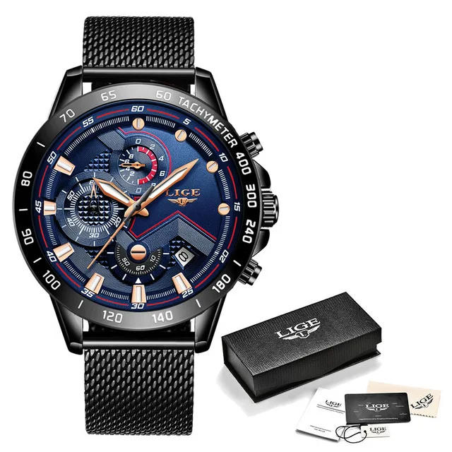black Blue Мужские часы LIGE Топ бренд класса люкс Хронограф Спортивные кварцевые часы мужские повседневные полностью стальные водонепроницаемые наручные часы Relogio Masculino - Цвет: black Blue