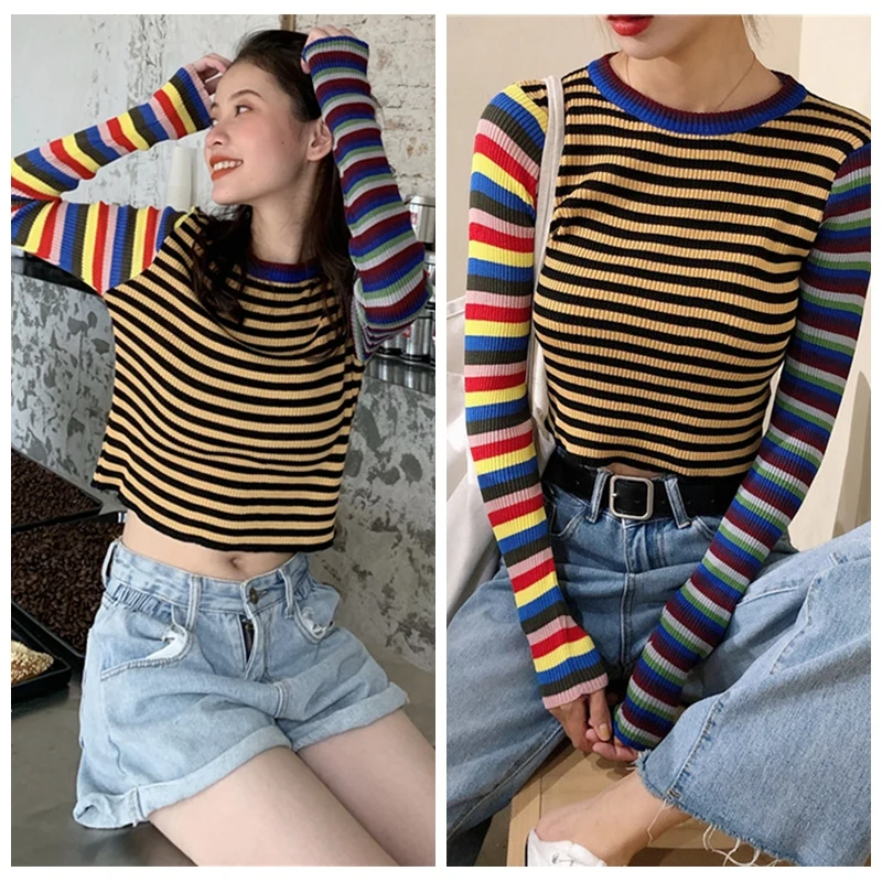 

Women Sweaters Fashion Sexy Short Contrast Color Stripes Slim Fit Exposure Navel Solid Color Long Sleeve Knit Top One Size