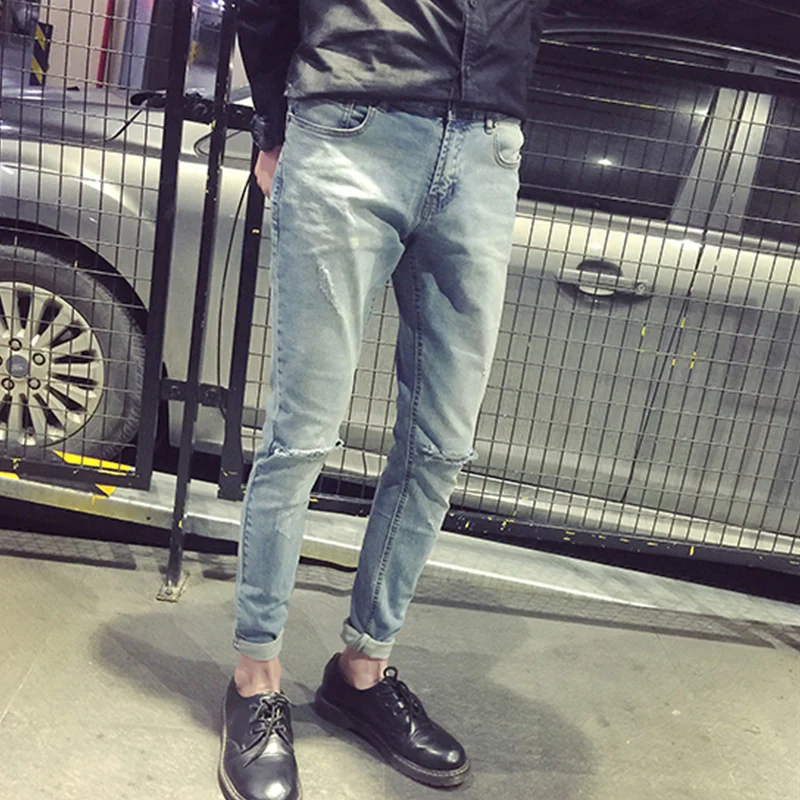 Отбеливающие Мужские джинсы в Корейском стиле эластичные штаны повседневные