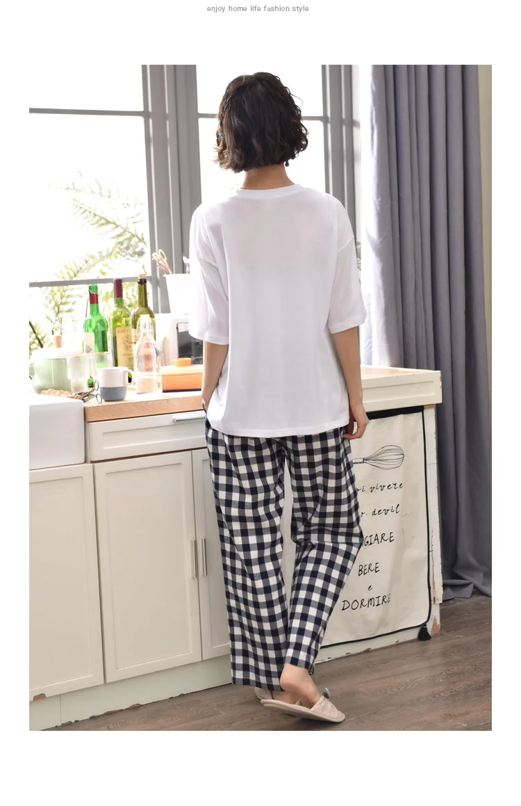 

Summer short sleeve pajama sets with long pants women large plus size cotton home wear clothing