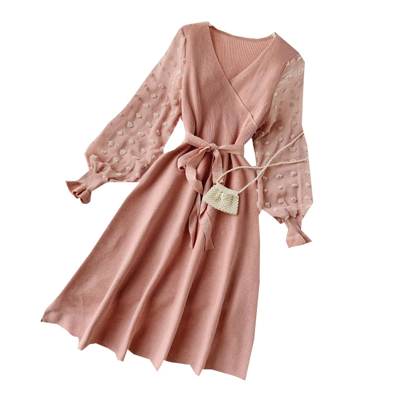 

Женское трикотажное платье средней длины, элегантное шифоновое платье-трапеция с V-образным вырезом, завышенной талией и шнуровкой на осень