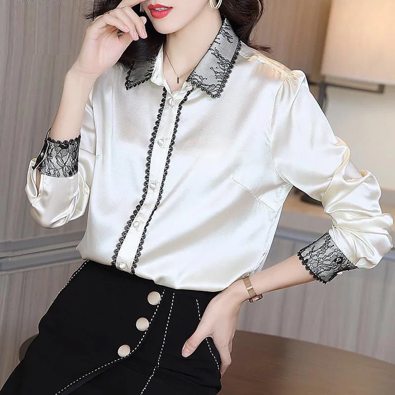 Spring Fall Fashion Womens Lace Patchwork Beige Imitation Silk Long Sleeve Blouse Top Shirt , 3xl Tops Blouses for Woman