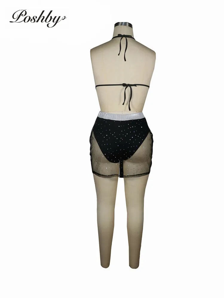 

Poshby Mesh See Through Bikini 2 Piece Set Summer Halter Lace Up Bra and Mini Skinny Skirt Beachwear Sets Women Fashion Swimwear