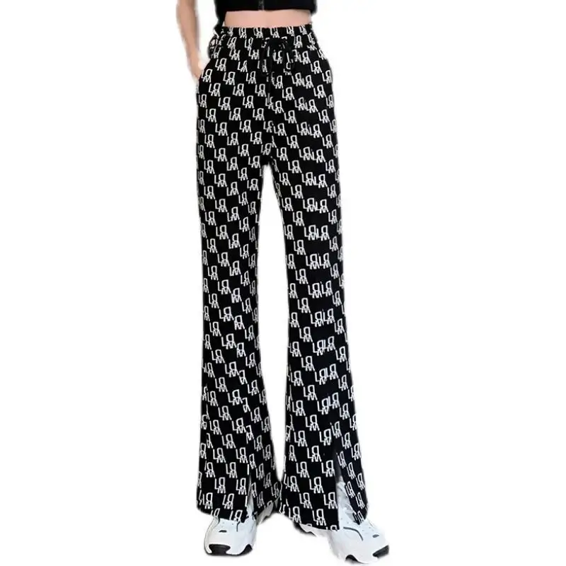 

2021 spring and summer new pants female letter front split micro speaker Korean loose trend versatile wide leg