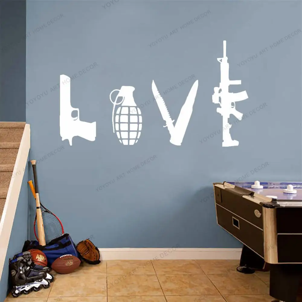 

Love Weapons Gun Knife Bomb Rifle Wall Art Sticker Vinyl Home Decor Living Room Decals Removable Mural CX506