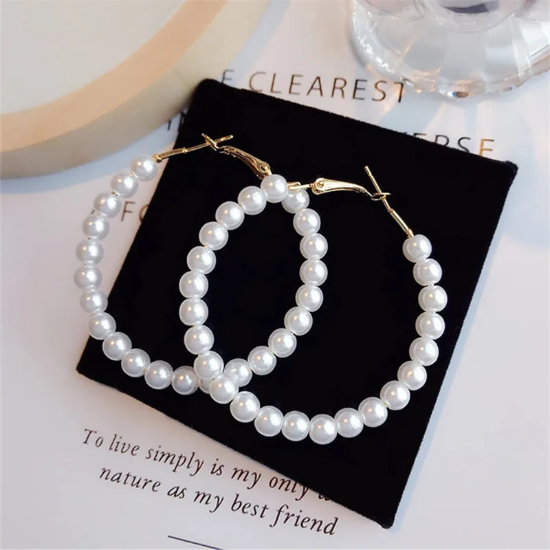 

Bold pearls exaggerated large circle earrings Trendy Elegant Created Big Simulated 6mm white Pearl Long gold Earrings for women