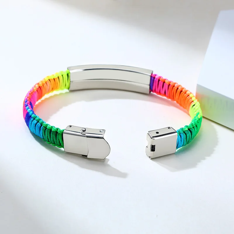 

Engravable ID Bracelet for Women Men with mprainbow Nylon Rope Braid Wrapped Link Bracelet