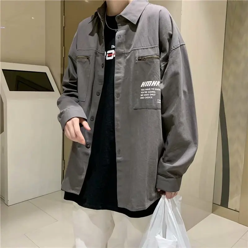 

Men's Spring 2021 Men's Letter Printing Loose Casual Long Sleeve Shirt Breast Pocket Zipper Fashion Jacket