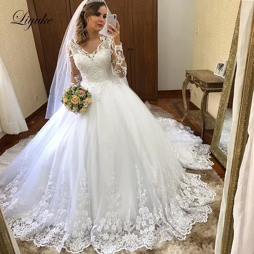 Picture Ivory color Liyuke великолепное бальное платье свадебное платье с длинными рукавами для девочек, с длинным шлейфом, на шнуровке, для невесты платье - Цвет: Picture Ivory color