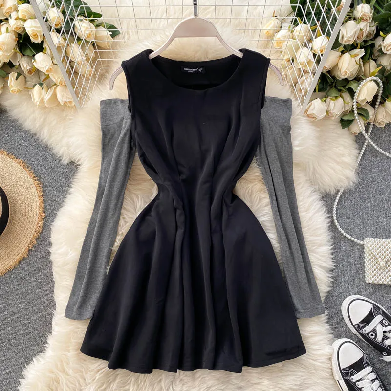 Женское черное платье с длинным рукавом женское повседневное осенне зимнее