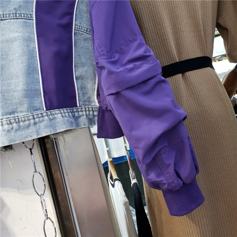 

Fashion Color Contrast Patchwork Sleeve Denim Jacket Coat Women Loose Short Hole Pocket Outerwear Student Jeans Jackets Female