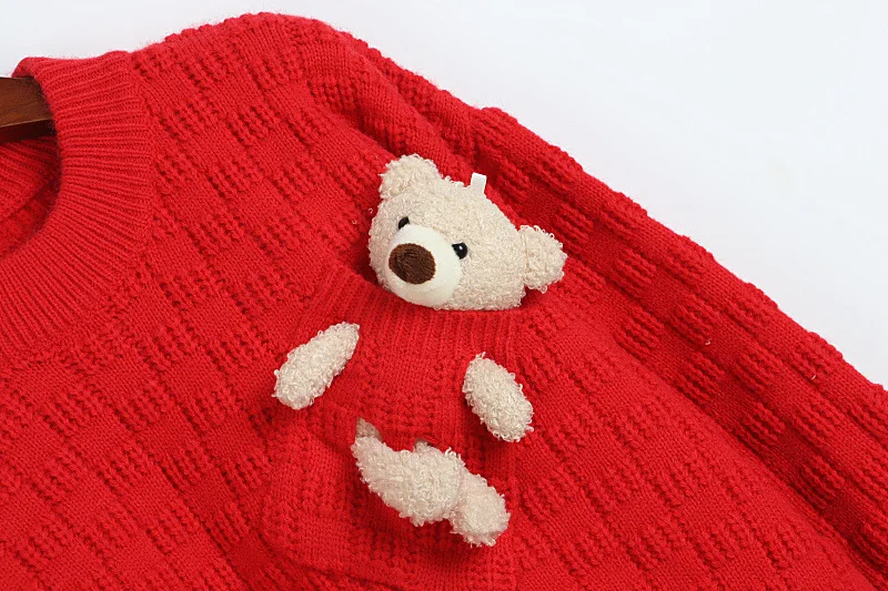 

Pendant Bear Pocket Red Sweater 2021 New Cute Pullovers Women Round Neck White Sweater Girls Loose Pullovers Long Sleeve Tops