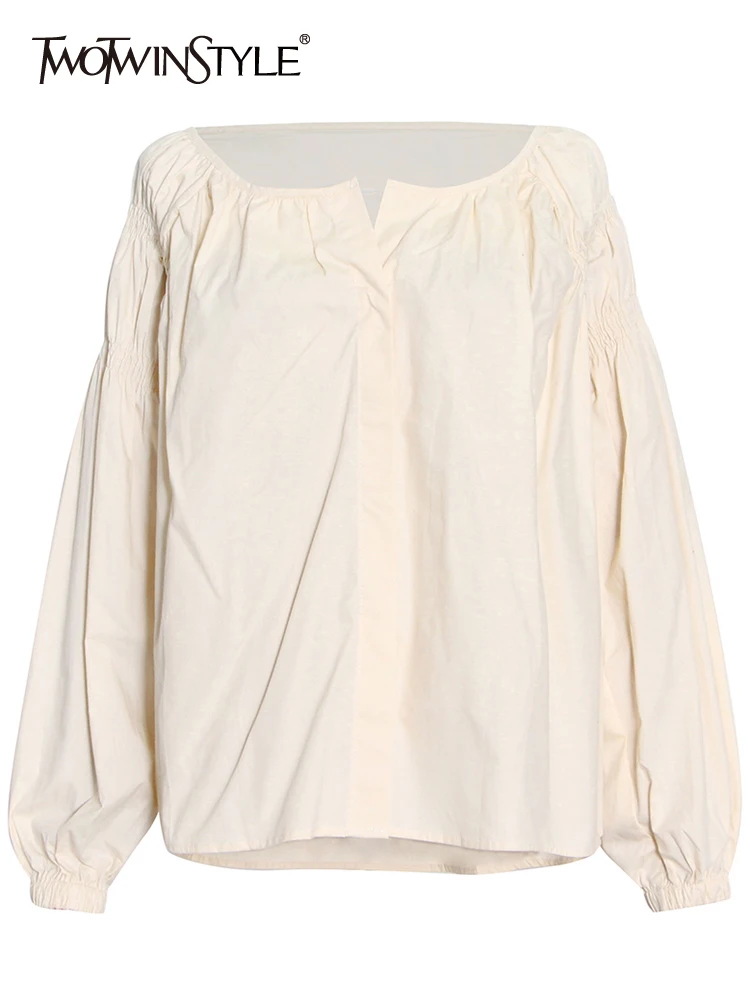 

TWOTWINSTYLE, повседневные рубашки для женщин, свободные, с круглым вырезом, с буффами, с длинным рукавом, с оборкой, пуловеры, блузки для женщин, 2021...