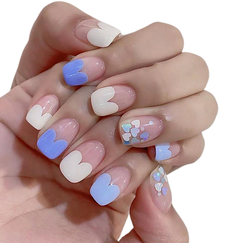 

24pcs Fake Nails With Glue Adhesive Nail Beauty In Blue Deocr Heart Shaped Rhinestone Detachable Attractive Fashion Glue Stype