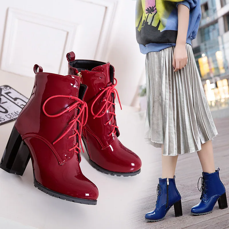 Большие размеры Женские Ботинки Martin Цвет Красный Лакированная кожа Шнуровка