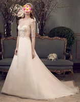 2021 New Designer Lace Appliques Sheer Neck Elegant Wedding Dresses Bridal Gowns A Line Vestido de noiva Cheap 1/2 Sleeves