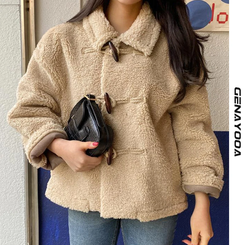 

Genayooa Vintage Women Winter Coat Wool 2020 Long Sleeve Solid Lambswool Jacket Loose Warm Coat Female Korean Fashion New