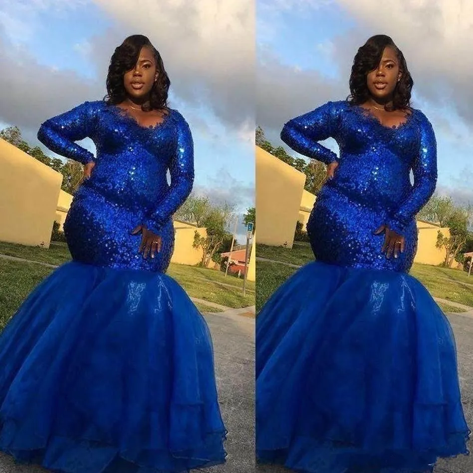 

Plus Size African Royal Blue Mermaid Lace Prom Dresses Long Sequins Floor-Length Formal Dress Party Evening Gowns robe de soiree