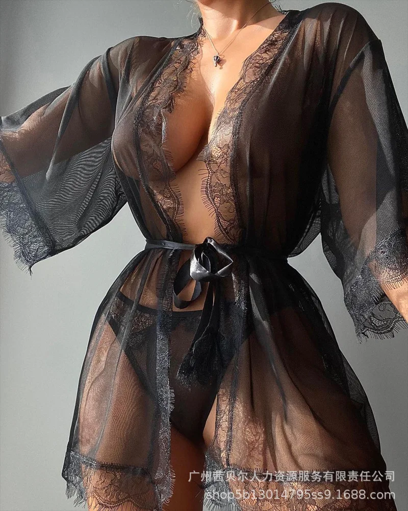 

Nowsaa Contrast Lace Sheer Mesh Belted Night Robe with Thong Women Dress Party Sexy Club Sex Robes Night Homewear