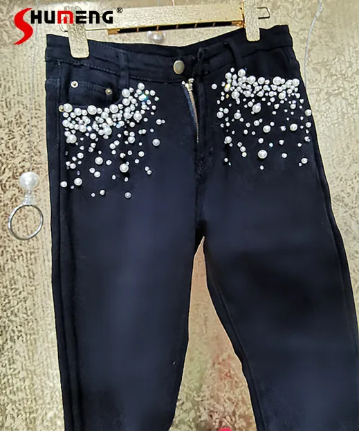 

Rhinestone Gorgeous Heavy Industry Beads Pearl Fleece-Lined Skinny Jeans Full Length Black Denim Pencil Pants Trousers