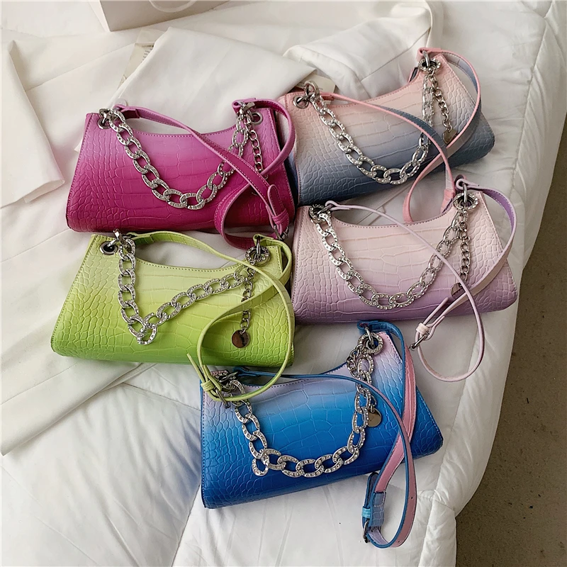 

Burminsa Crocodile Pattern Rhinestone Chain Shoulder Bags For Women Brand Designer Rainbow Gradient Baguette Purses And Handbags