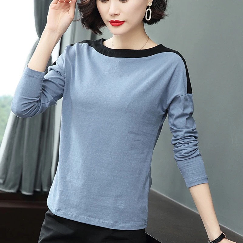 

Футболка женская контрастных цветов из 2020 хлопка с воротником-лодочкой и длинным рукавом