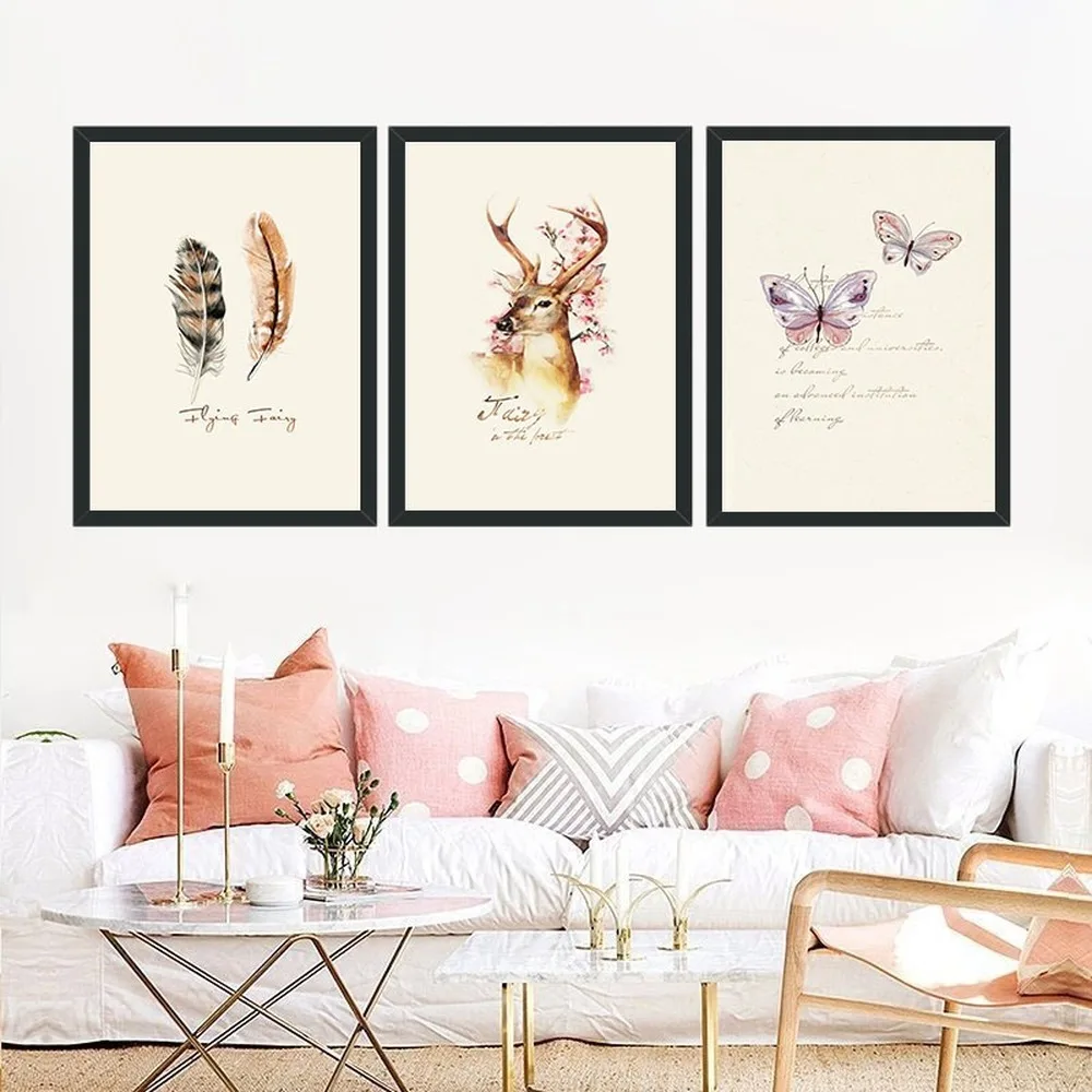

Nordic Mix And Match Animal Print Canvas Painting Elk Feather Butterfly Poster Wall Pictures For Living Room Wall Home Decor